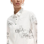Desigual women white striped cotton long shirt with black handwritten-style script on front and sleeves