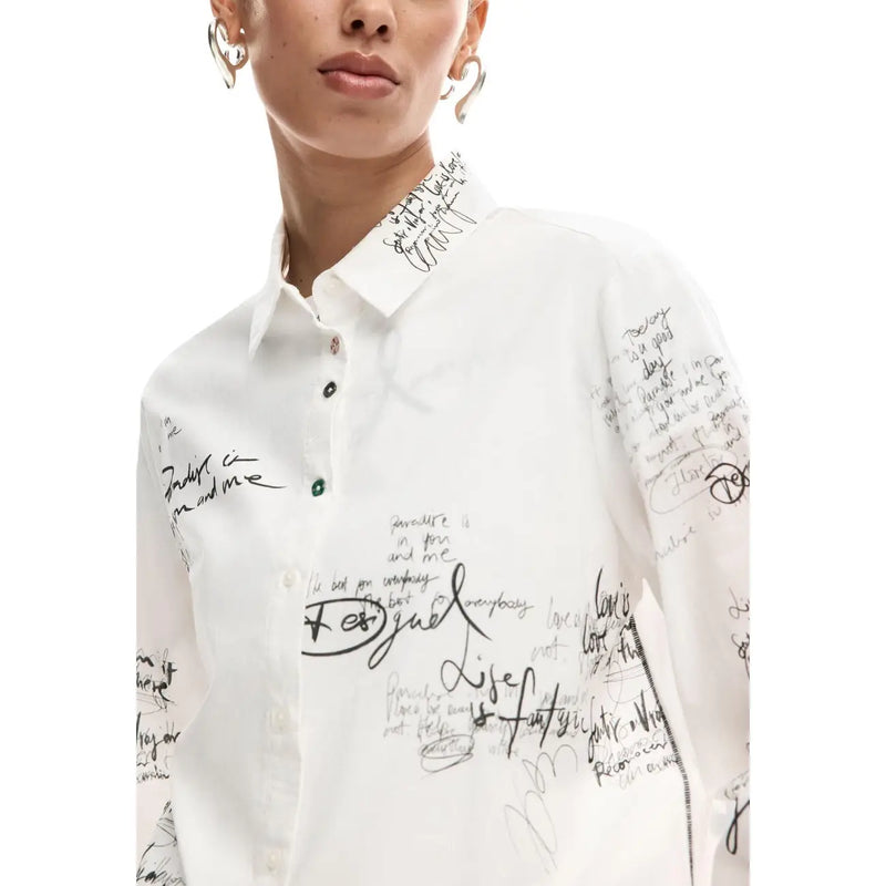 Desigual women white striped cotton long shirt with black handwritten-style script on front and sleeves