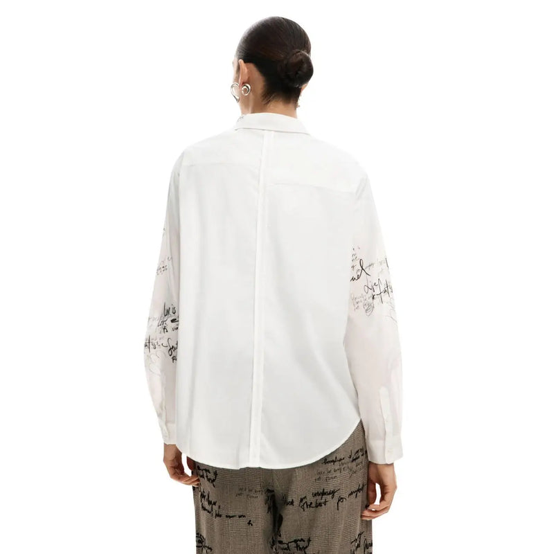 Desigual women white striped cotton long shirt with black handwritten script detailing on sleeves and back side