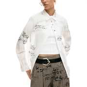 Desigual women white striped cotton long shirt with black handwritten script design and long sleeves
