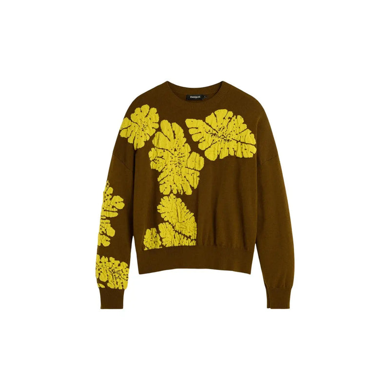 Desigual women wool blend green knitwear sweater with brown dries van noten style and bold yellow floral pattern