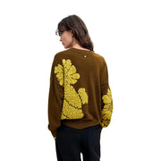 Back view of desigual women wool blend green knitwear sweater with brown knit and mustard yellow floral embroidery