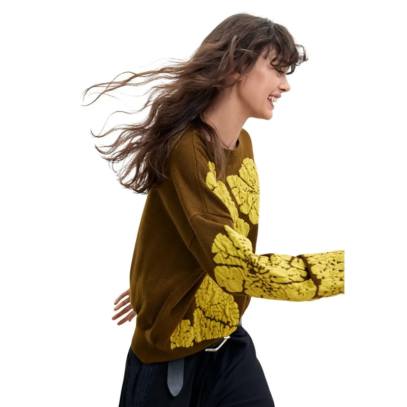 Brown wool blend sweater for women by desigual featuring vibrant yellow floral embroidery on sleeves and torso