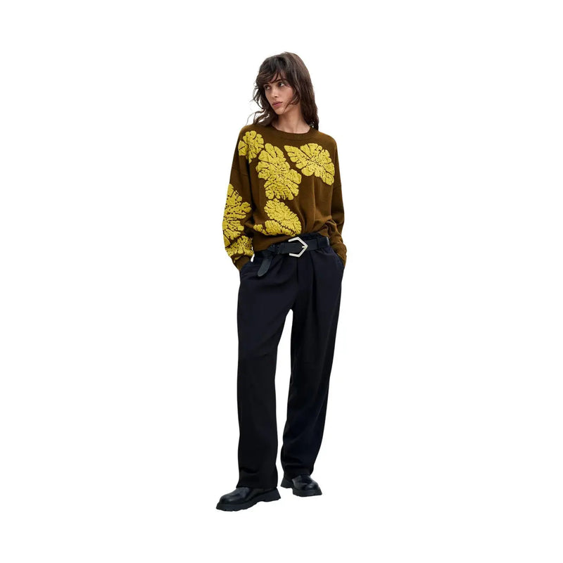 Olive green wool blend sweater with bold yellow floral embroidery from desigual women knitwear collection