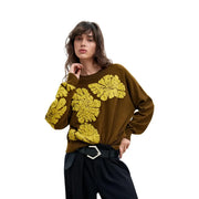 Desigual women wool blend green knitwear sweater with olive green textured mustard yellow floral embroidery on front and sleeves