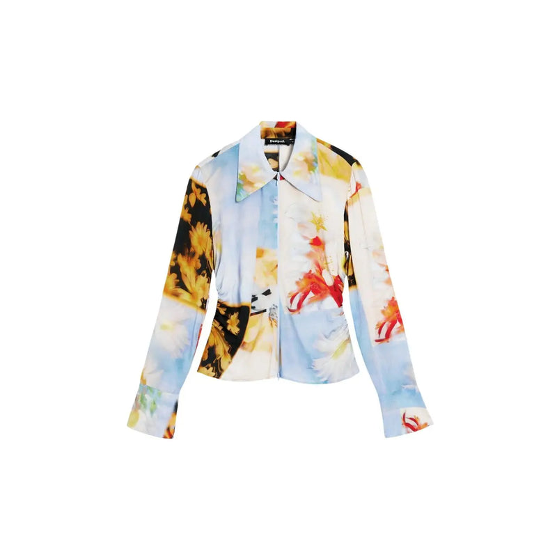 Desigual women yellow floral viscose long shirt with round neck and vibrant yellow red black blooms on light blue