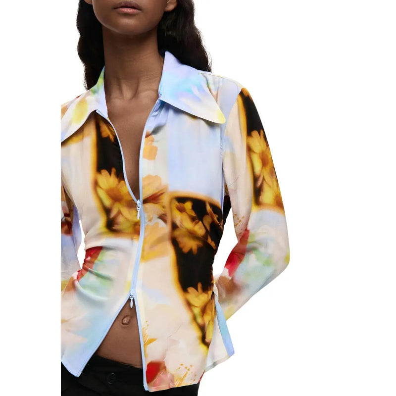 Desigual women yellow floral viscose long shirt with round neck and vibrant zip-front floral print blouse