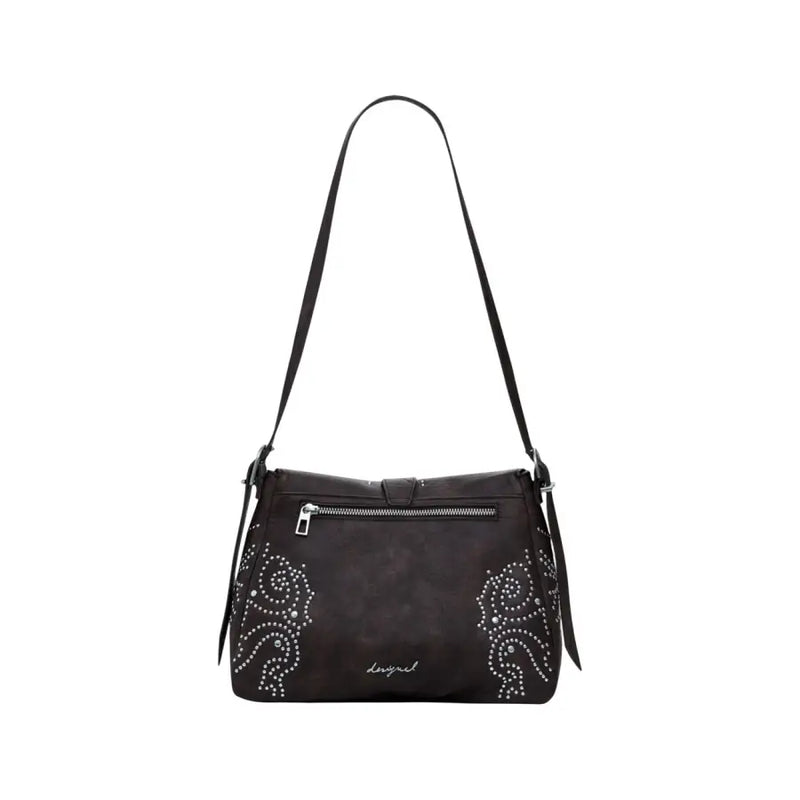 Black shoulder bag with silver stud embellishments and zippered pocket for Desigual Womens Bag