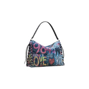 Colorful Desigual Womens Fall Winter Black Cotton Blend Zip Bag with studded strap and lace-up sides