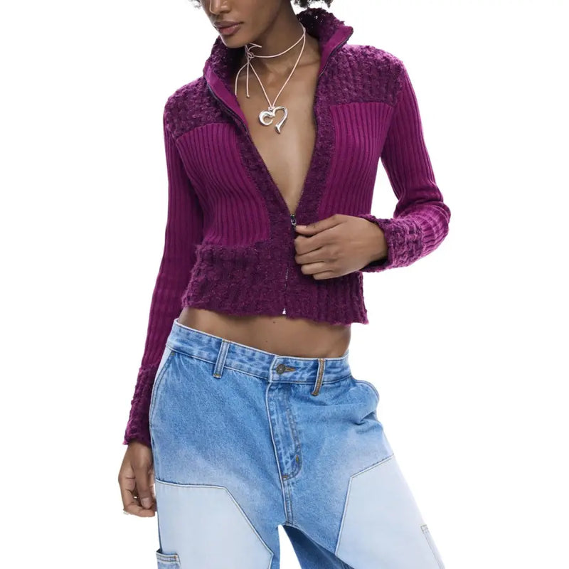 Desigual women’s fuchsia cropped zip turtleneck cardigan with ribbed and textured knit panels