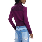 Desigual women’s fuchsia zip turtleneck cardigan in deep purple knit with ribbed texture and lace shoulder detailing