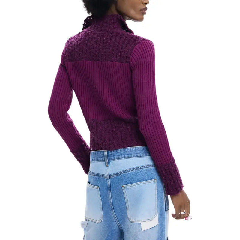Desigual women’s fuchsia zip turtleneck cardigan in deep purple knit with ribbed texture and lace shoulder detailing