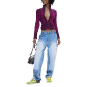 Desigual women’s fuchsia ribbed knit cropped cardigan with lace collar and cuffs featuring a zip turtleneck design