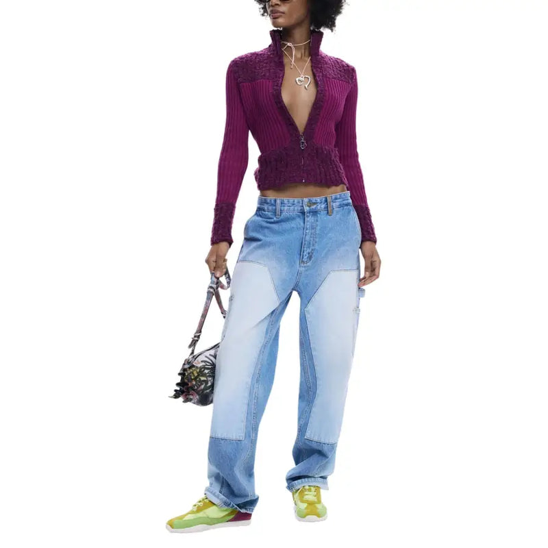 Desigual women’s fuchsia ribbed knit cropped cardigan with lace collar and cuffs featuring a zip turtleneck design