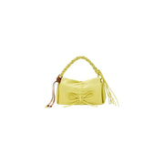 A vibrant lime green Desigual leather handbag with braided handle bow detail and fringed tassels with shoulder strap and pockets