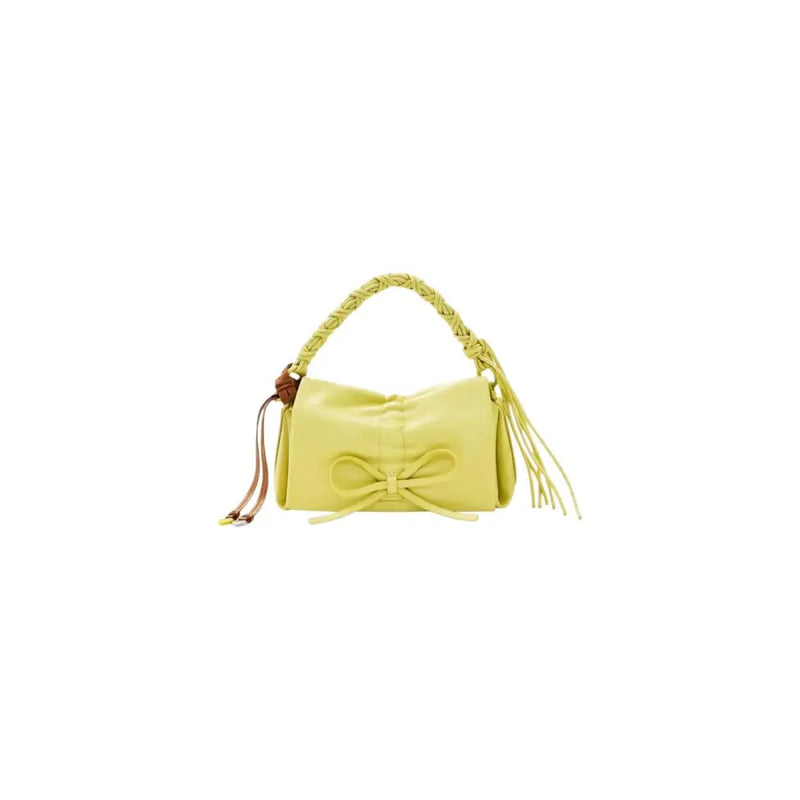A vibrant lime green Desigual leather handbag with braided handle bow detail and fringed tassels with shoulder strap and pockets