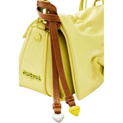 A vibrant lime green desigual handbag with brown leather straps and heart-shaped charms featuring shoulder strap and pockets