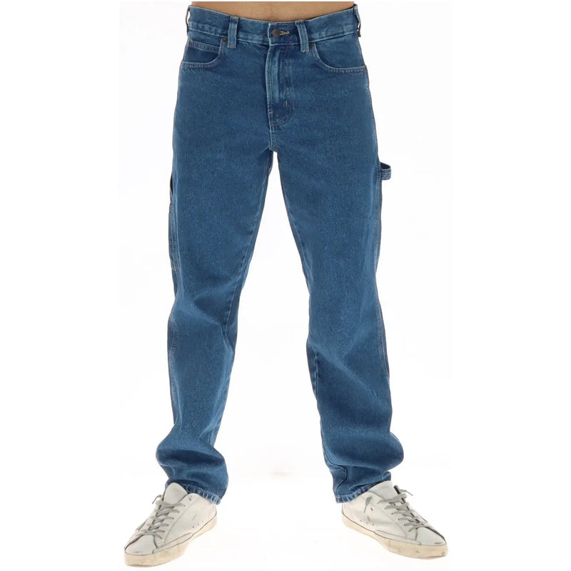 Dickies jeans for men in blue denim with five-pocket and cargo patch pockets on thighs, front view