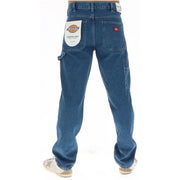 Dickies jeans carpenter jeans for men in blue with cargo pockets and red brand patch, back view