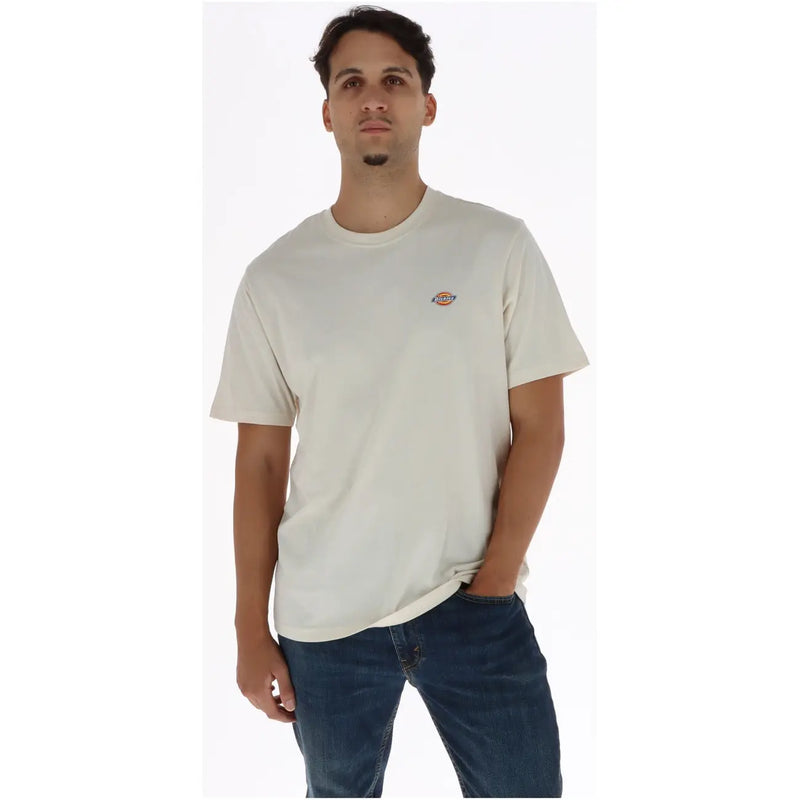 Beige short-sleeved Dickies mens cotton t shirt with a small embroidered logo on the left chest