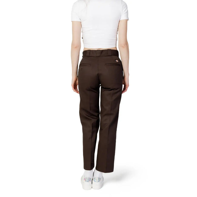 Back view of dickies women tapered brown cotton blend trousers with matching belt and two rear pockets