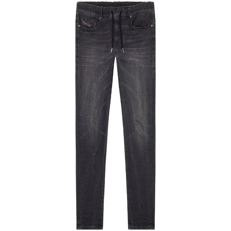 Dark gray cotton elastane diesel black jeans for men with drawstring waistband and subtle fading