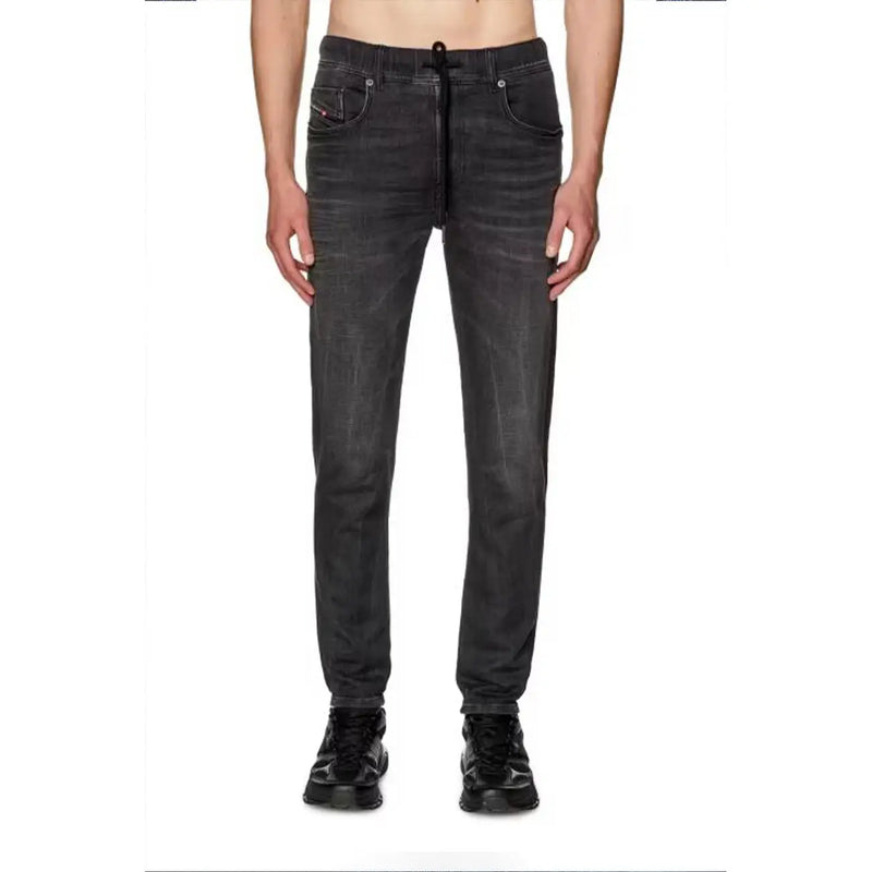 Diesel black cotton elastane dark-wash slim fit jeans for men with a black drawstring waistband and laces