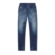 Diesel jeans for men in dark blue denim with faded wash and elastic waistband, front view