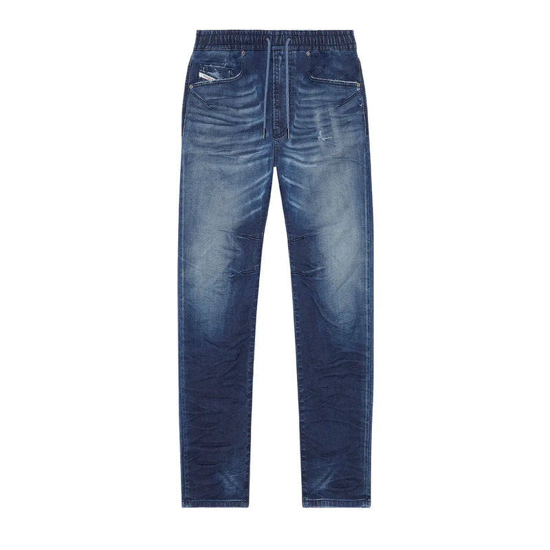 Diesel jeans for men in dark blue denim with faded wash and elastic waistband, front view