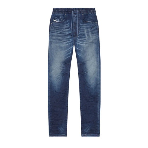 Diesel jeans for men in dark blue denim with faded wash and elastic waistband, front view