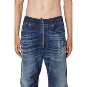 Diesel jeans for men in dark blue denim with relaxed fit and elastic waistband, front view