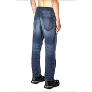 Diesel jeans for men in dark blue denim with elastic waistband and faded distressed look, front view