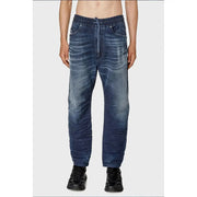 Diesel jeans for men in dark blue denim with relaxed tapered fit and elastic waistband, front view