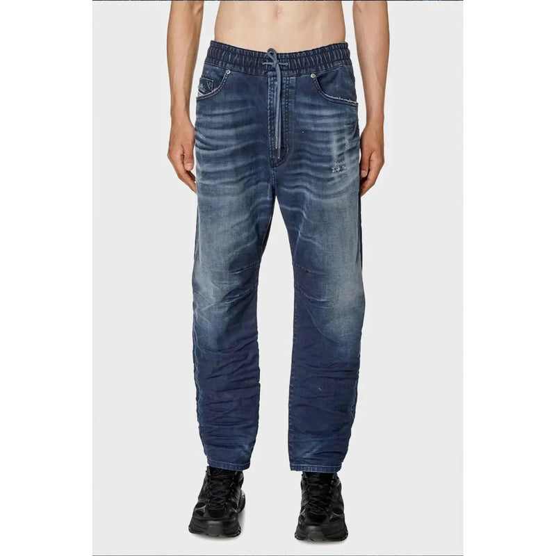 Diesel jeans for men in dark blue denim with relaxed tapered fit and elastic waistband, front view