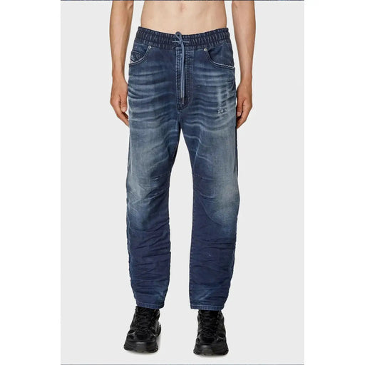 Diesel jeans for men in dark blue denim with relaxed tapered fit and elastic waistband, front view