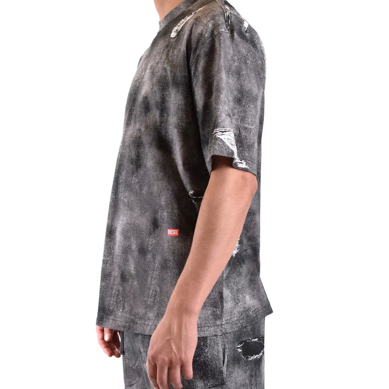 Diesel men black cotton t shirt in distressed style with gray and black tie-dye and ripped details