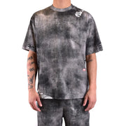 Diesel men black cotton t shirt with black and gray tie dye and distressed ripped details on sleeves and hem