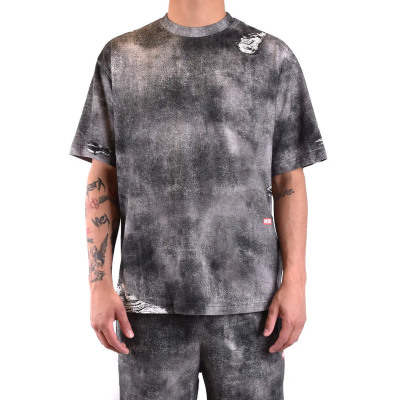 Diesel men black cotton t shirt with black and gray tie dye and distressed ripped details on sleeves and hem
