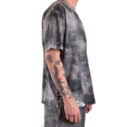 Diesel men black cotton t shirt with black and gray tie-dye and distressed ripped sleeves
