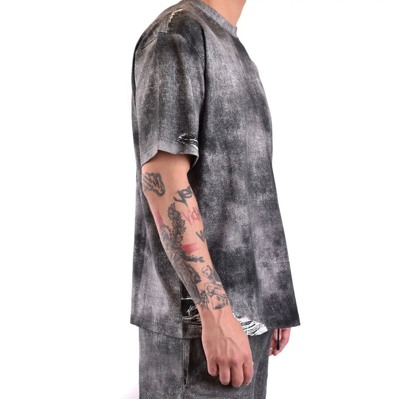 Diesel men black cotton t shirt with black and gray tie-dye and distressed ripped sleeves
