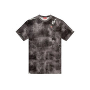 Diesel men black cotton t shirt with gray tie-dye distressed style and white graphic accents short sleeve