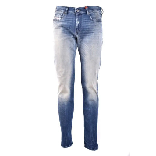 Diesel men blue cotton slim-fit denim jeans with faded wash and subtle distressing details