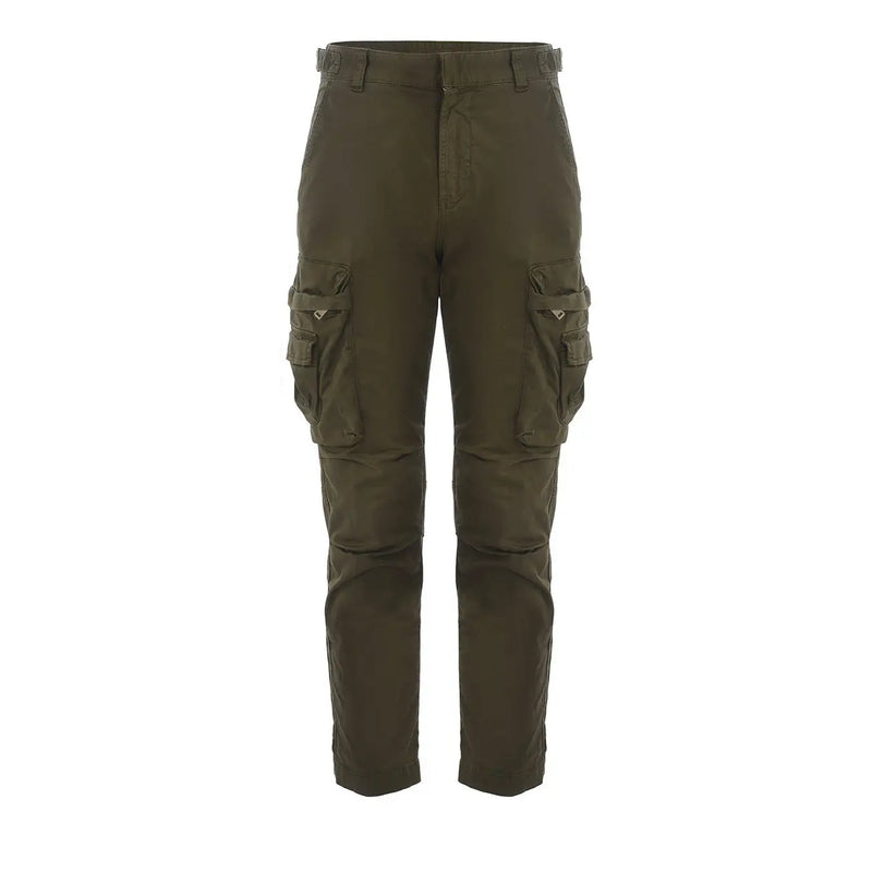 Diesel men green cotton cargo trousers with multiple pockets and durable olive green fabric finish