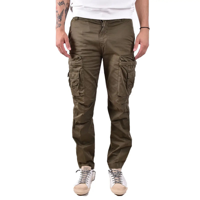 Diesel men green cotton cargo pants with multiple flap pockets and tapered leg cut for casual wear