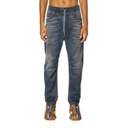 Dark-wash diesel men jeans jogger pants with lyocell cotton stretch and light blue drawstring waistband