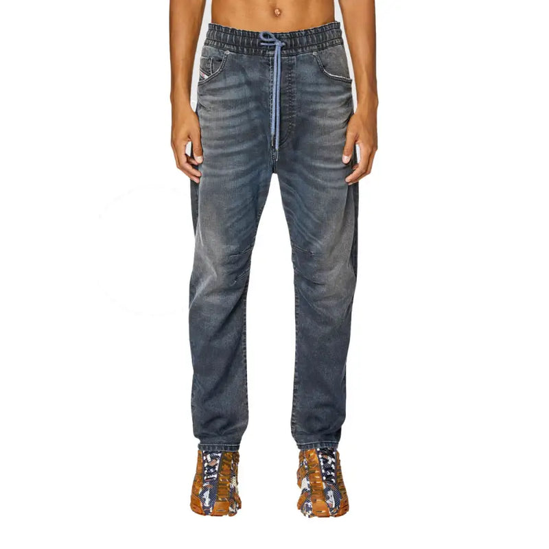 Dark-wash diesel men jeans jogger pants with lyocell cotton stretch and light blue drawstring waistband