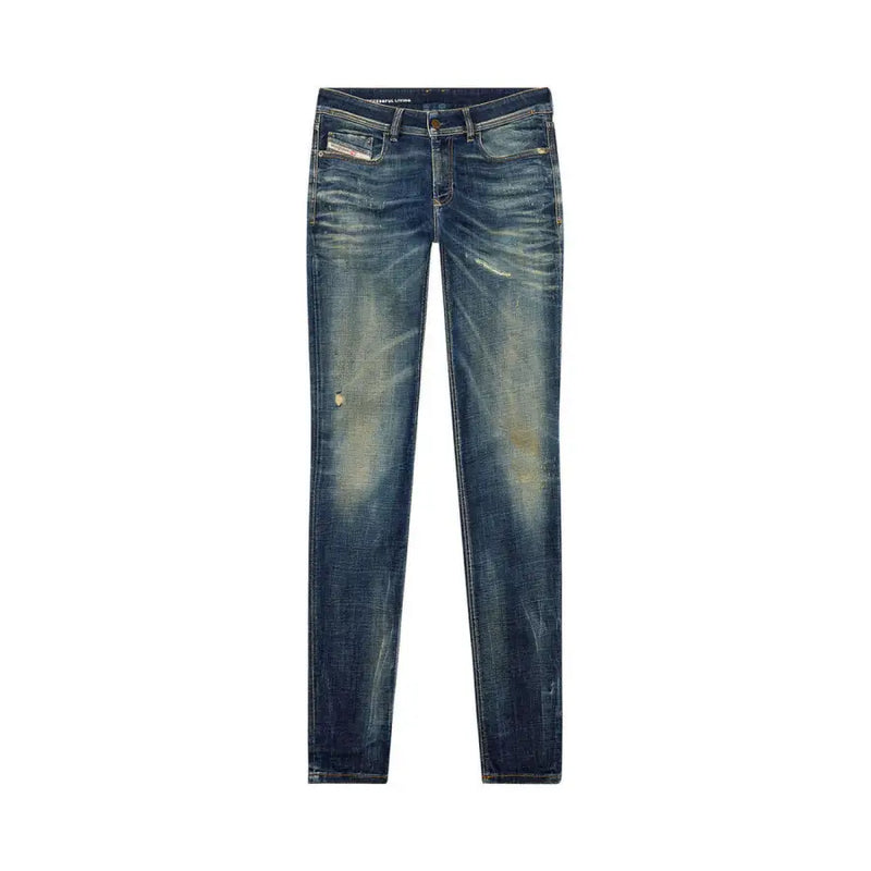 Dark-wash diesel men jeans slim fit with faded distressing blue worn out effect 100 percent cotton material