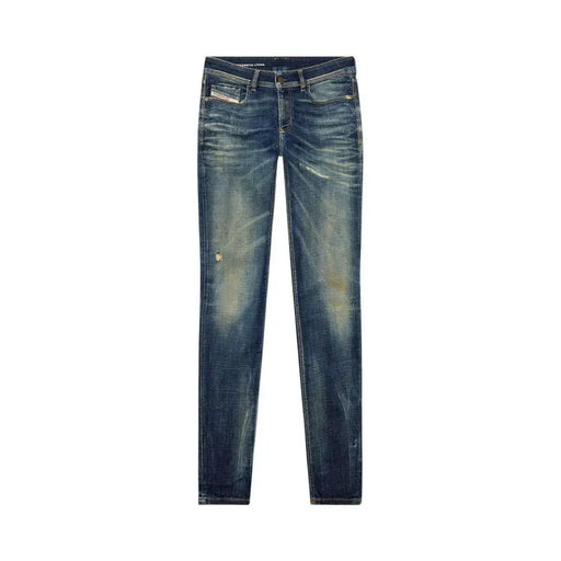 Dark-wash diesel men jeans slim fit with faded distressing blue worn out effect 100 percent cotton material
