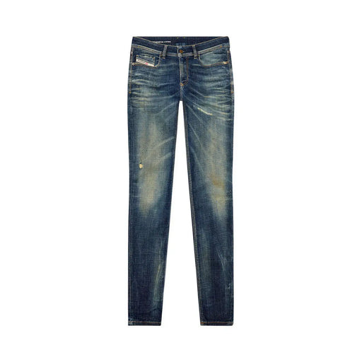Dark-wash diesel men jeans slim fit with faded distressing blue worn out effect 100 percent cotton material