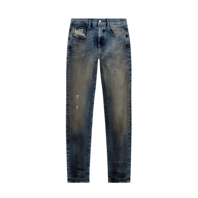 Back side of dark-wash diesel men jeans in blue cotton elastane with worn out faded distressed effect and brand patch
